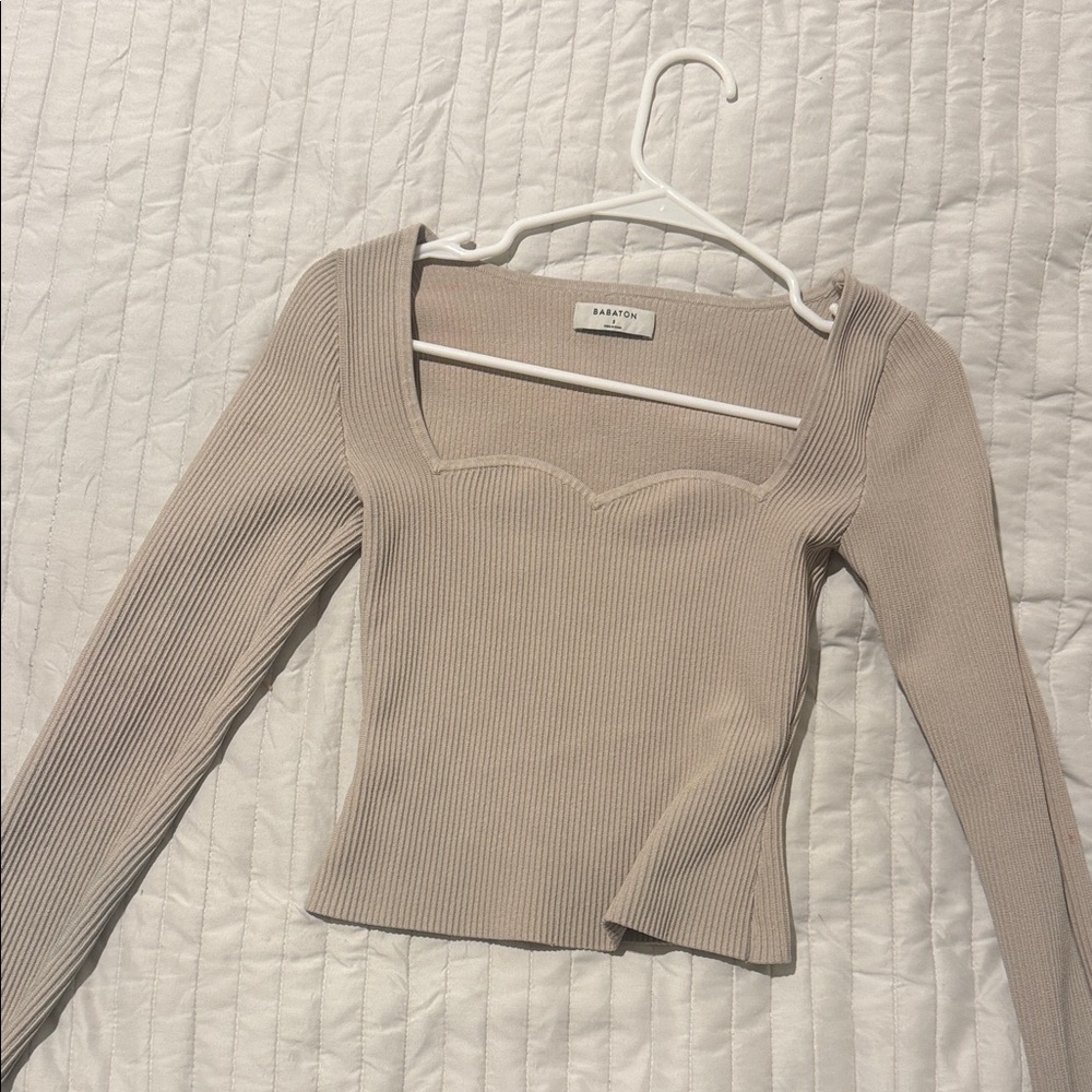 Babaton Beige Ribbed Crop Top